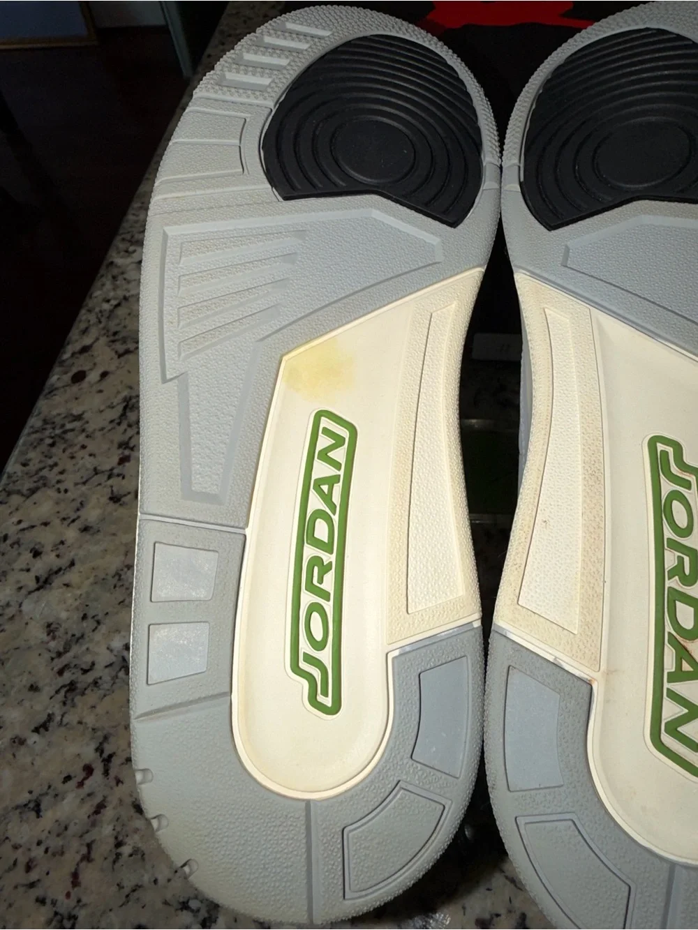 Jordan Retro 3 Sneakers in Light Gray, Black & Green Accents